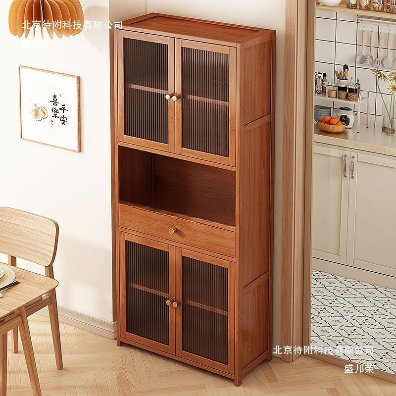 Solid Wood Sideboard Floor-Standing Household Storage Rack Wall-Mounted Integrated Storage Cabinet Kitchen Microwave Storage Cabinet Tea Cabinet