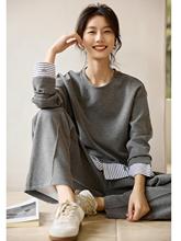 韩版时尚卫衣裤子套装女年秋季新款休闲风宽松条纹拼接两件套