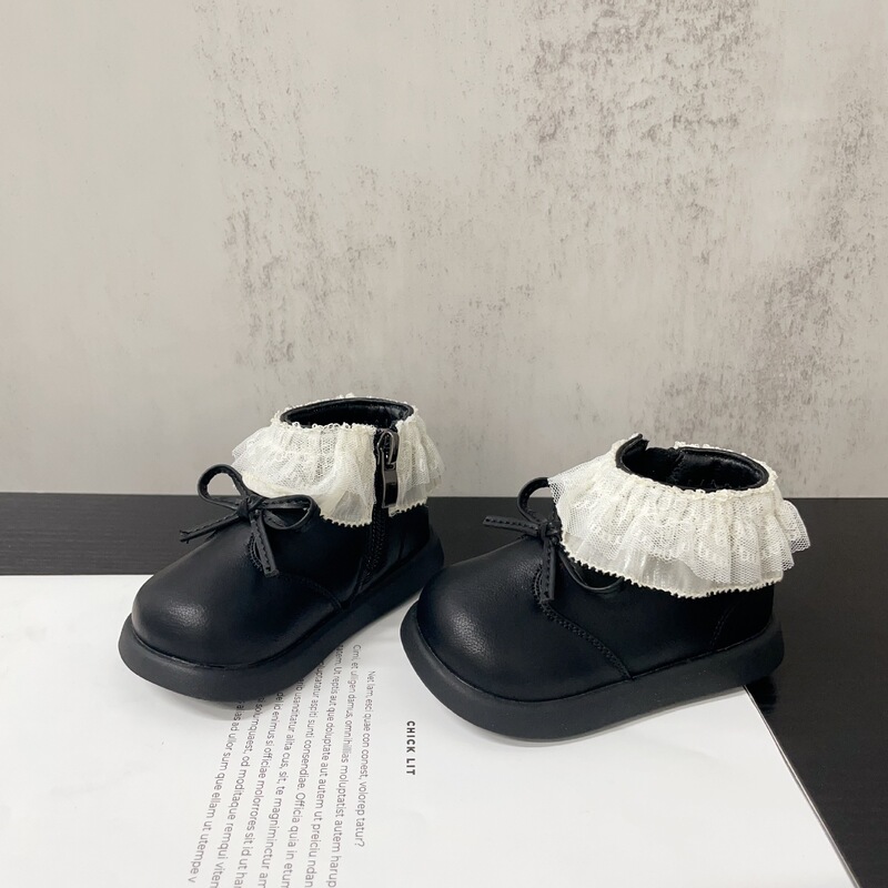 蕾丝花边绳结蝴蝶结装饰女童小香风百搭时装靴2025年冬款小皮靴批|undefined