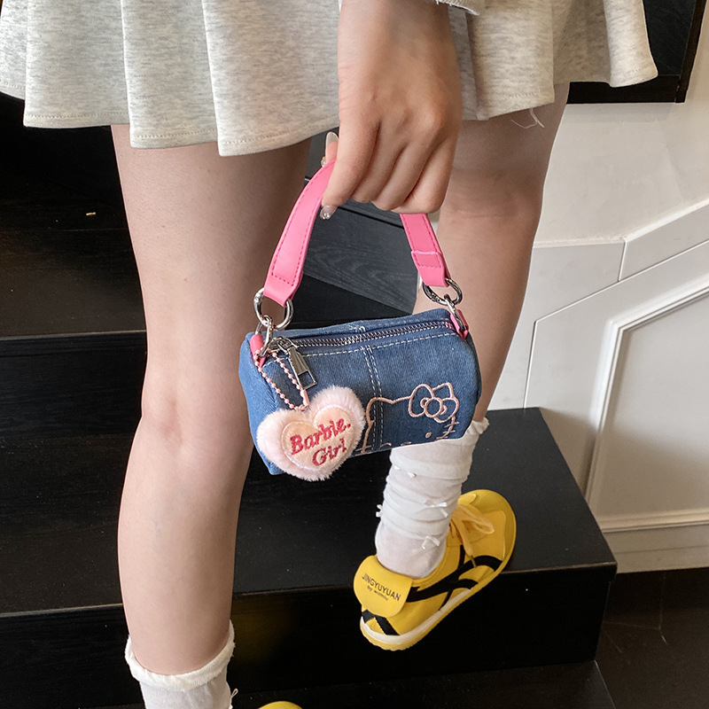 かわいい新しいデニムキティ通勤刺繍バッグポータブルストレージ外出コントラストカラーポータブル小さなバッグ|undefined