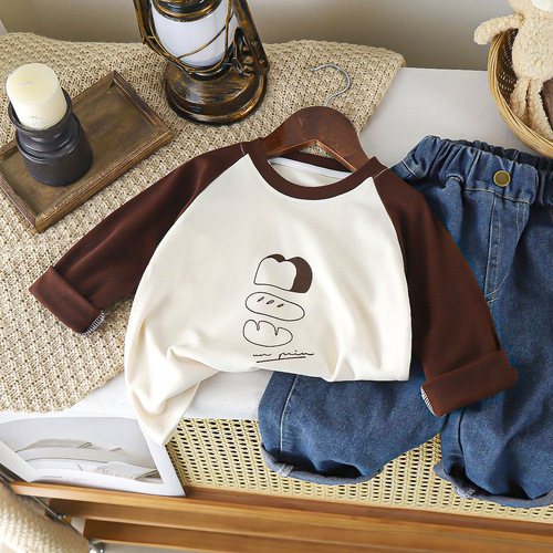 Le Chang Jia 2025 Spring Collection Boys' Letter-Sleeve Long-Sleeve Top and Girls' Cartoon Children's Round-Neck Long-Sleeve Top
