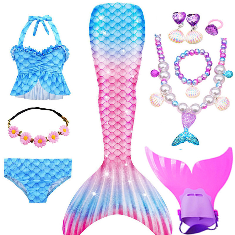 화려한 핑크 쓰리피스 세트 + 오리발 + 헤어 액세서리 + 목걸이 5종 세트