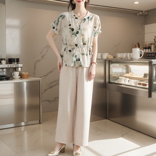 Mother Summer Dress Western Style suit Fashion Waist Short-sleeved Top Middle-aged and Elderly Women's Summer Shirt suit Two-piece Set
