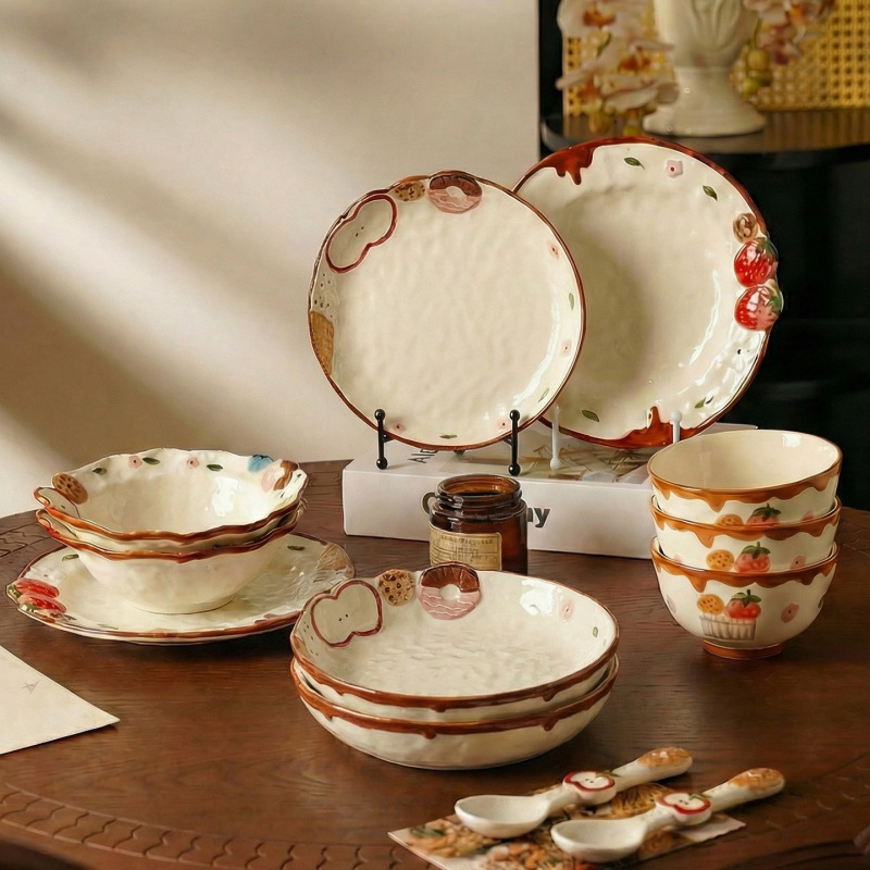 Embossed Apple Ceramic Dinnerware Set, Particularly Beautiful Deep Plates, Rice Bowls, Household Dishes, Noodle Bowls, Small Sauce Dishes Embossed Apple Ceramic Dinnerware Set, Particularly Beautiful Deep Plates, Rice Bowls, Household Dishes, Noodle Bowls, Small Sauce Dishes