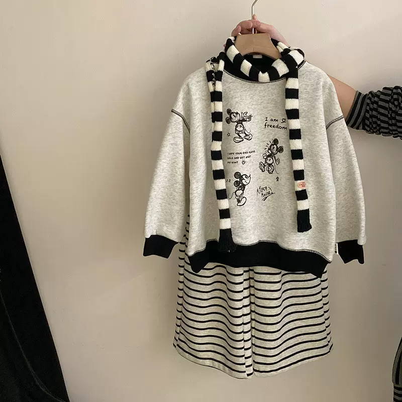 韩版女童秋冬新款卡通加绒卫衣2025百搭洋气条纹加绒休闲裤两件套
