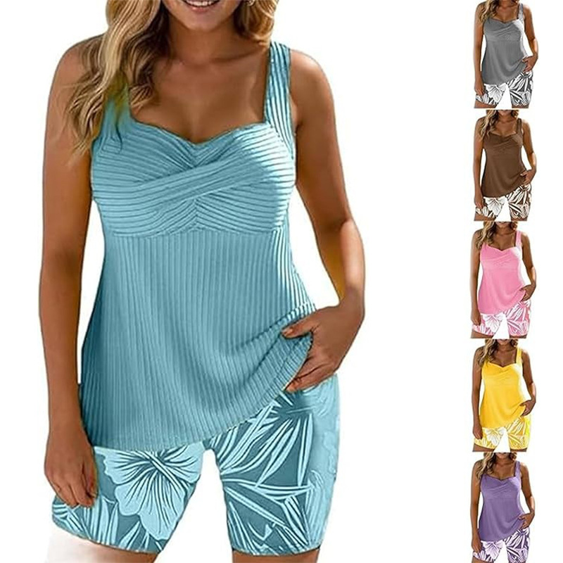 欧美时尚印花坑条面料坦基尼裙式遮肉显瘦海边假日沙滩度假游泳衣