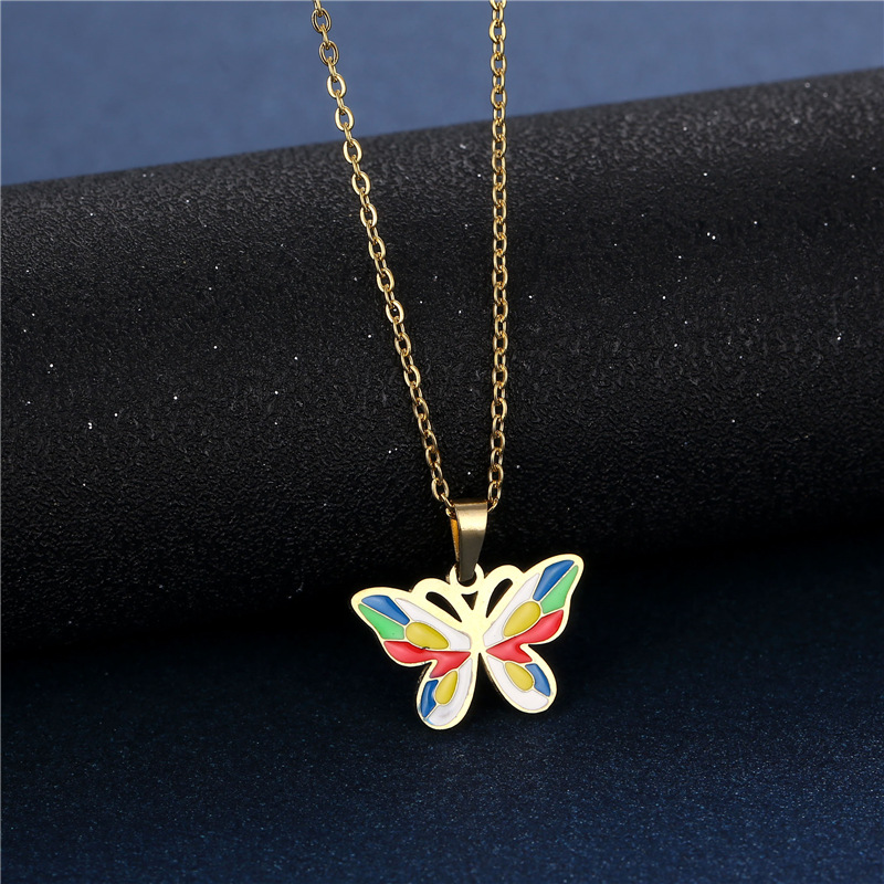 bunte Glasur tropfende Farbe Schmetterling Halskette Ohrringe Set Edelstahl dreiteiliges Setpicture4