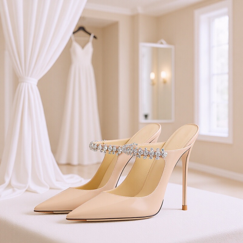 Fat Feet, Wide Feet, Nude-Colored Patent Leather Rhinestone Sandals, Women's Pointed Toe Backless Crystal Professional Ol High Heels, Large Size 44