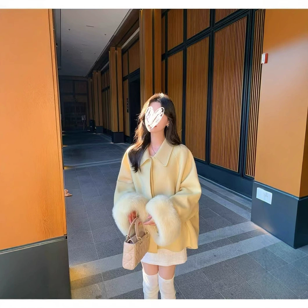 Сетка красный новый плащ пальто маленький мужчина высокого уровня чувство короткие лисьи волосы двухсторонняя шерстяная шерстяная шерстяная куртка женская зима