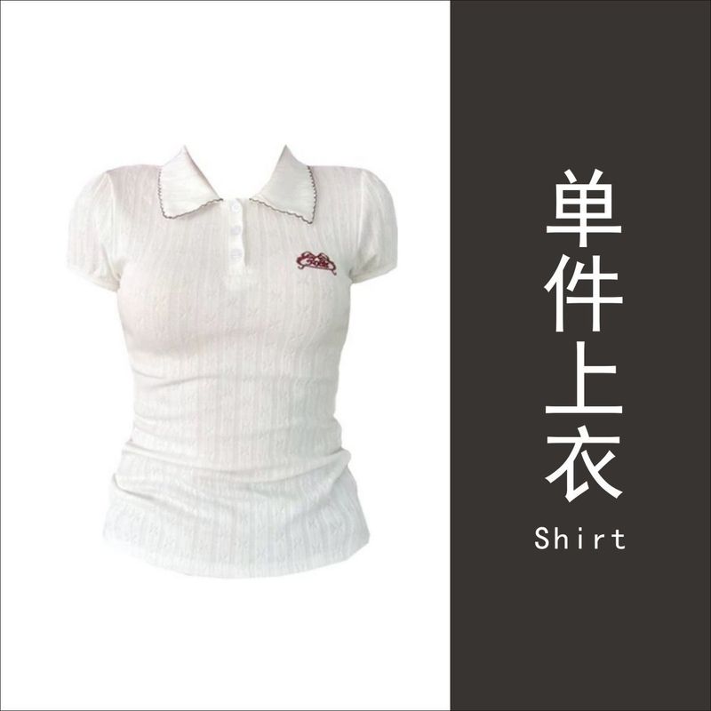 学院风辣妹修身显瘦polo领短袖T恤女夏季新款格纹a字百褶短裙套装|undefined