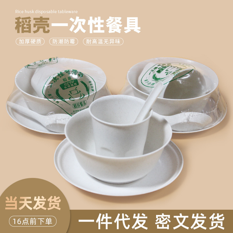 One-Piece Drop-Shipping Rice Husk Plastic-Sealed Four-Piece Set for Banquets, Bowls, Chopsticks, Cups, Saucers and Spoons Combination Set, Disposable Tableware, High-End