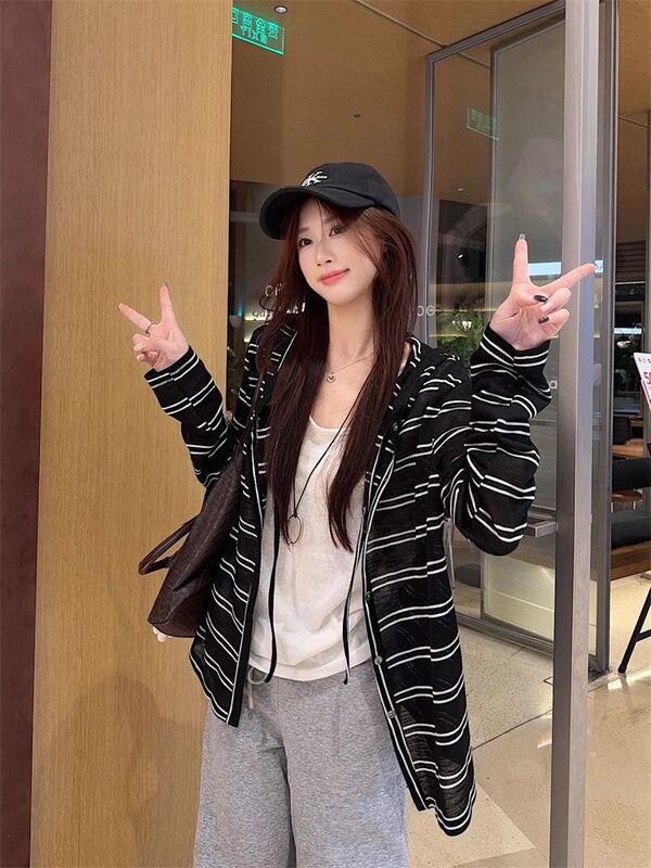 现货 早秋复古条纹韩系连帽外套女薄款长袖防晒开衫慵懒风宽松上|undefined