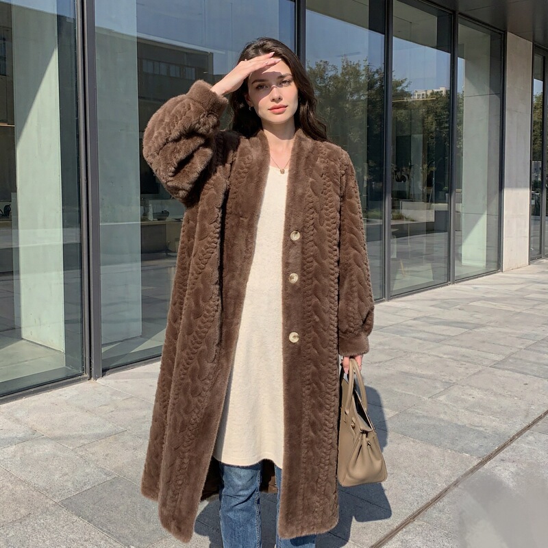 2026 Winter European Style Thickened Faux Mink Braided Cardigan Fur Integrated Extra-Long Fur Coat