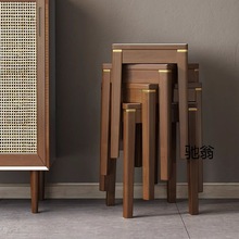 砉x全实木凳子新中式高脚方凳矮凳可叠放家用客厅餐桌椅简约现代
