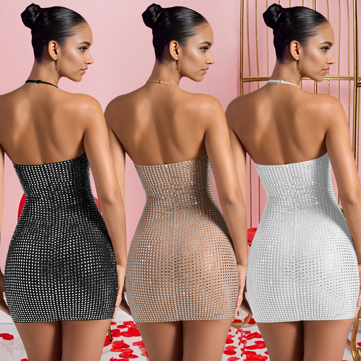C7179 Transbordador AliExpress Amazon Moda europea y americana Vestido de cadera delgado con cuello halter sexy y diamantes calientes image 3