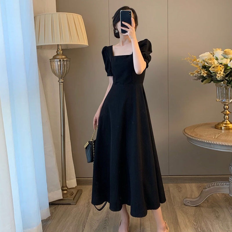 黑色连衣裙女2022年夏季短袖新款气质收腰显瘦方领赫本风小黑裙女
