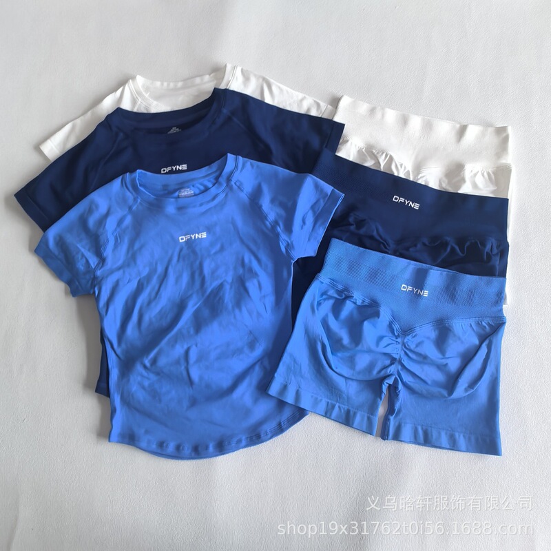 DFYNE Nylon Quick-Dry Moisture-Wicking Summer Women's Sports Casual Short-Sleeve T-Shirt and Fitness Running Shorts Two-Piece Set