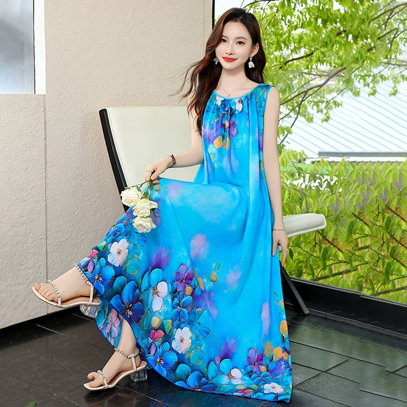 2025 новое хлопковое шелковое платье для женщин, летнее пляжное платье для отдыха на море, французское высококачественное платье с подтяжками и цветочным принтом, длинная юбка