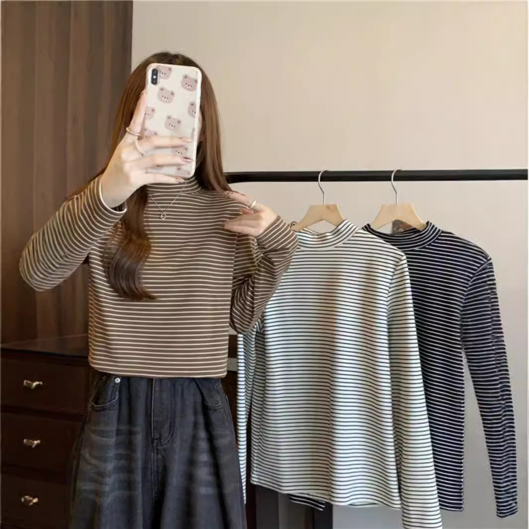 德绒半高领打底衫女舒适内搭春秋季修身长袖T恤条纹上衣潮ins港风
