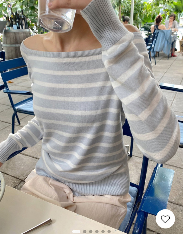 Bm Style American Light Stripesd One-Shoulder Off-Shoulder Long-Sleeved Knitwear Top for Women Bm New Sexy Style Knitwear