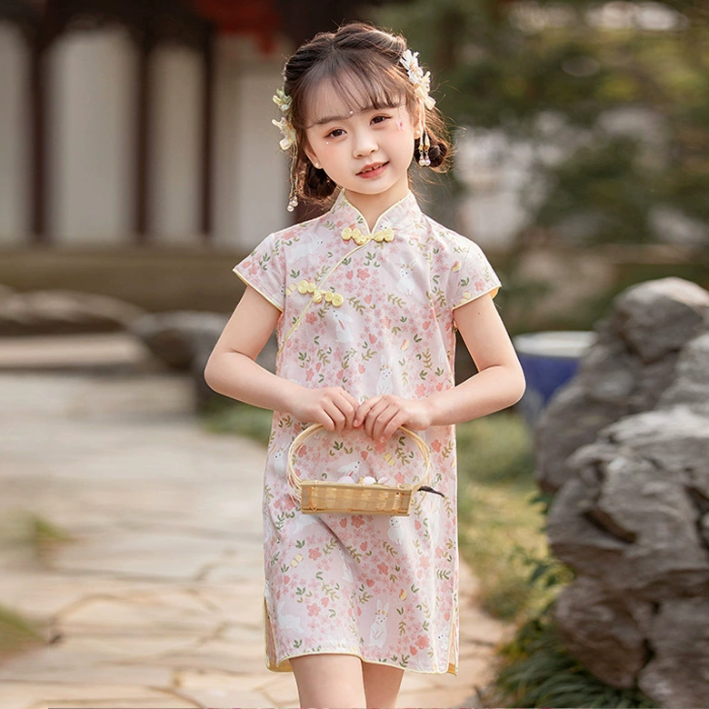 Детское платье-чонсам с коротким рукавом, лето 2025, новое детское платье в китайском стиле, ретро-стиль, тренд интернет-знаменитостей, детский ханфу