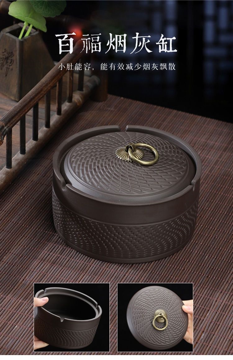 Purple clay ashtray with lid to prevent ash from flying, medium-sized ceramic, for living room and office, smoke extinguishing device, vintage home decor item N4