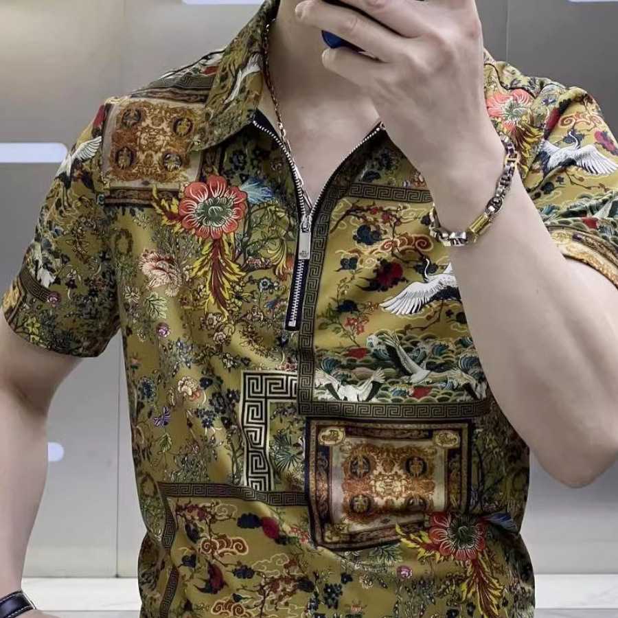 This Summer's Popular Handsome Men's Trendyy Polo Shirts Printed Short-Sleeved Half-Zip Casual Fashion Versatile Tops