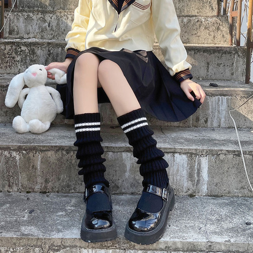 Lolita striped socks calf decorative long-tube warm sheath autumn and winter Y2K dress calf socks