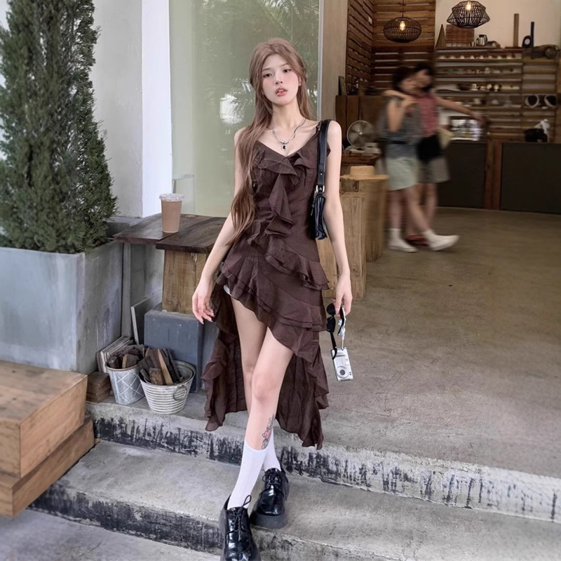 Summer Holiday Style Irregular Ruffled dress Women's Hot Girl Slip Dress A- Line Long Dress French Niche Dress Summer Holiday Style Irregular Ruffled dress Women's Hot Girl Slip Dress A- Line Long Dress French Niche Dress