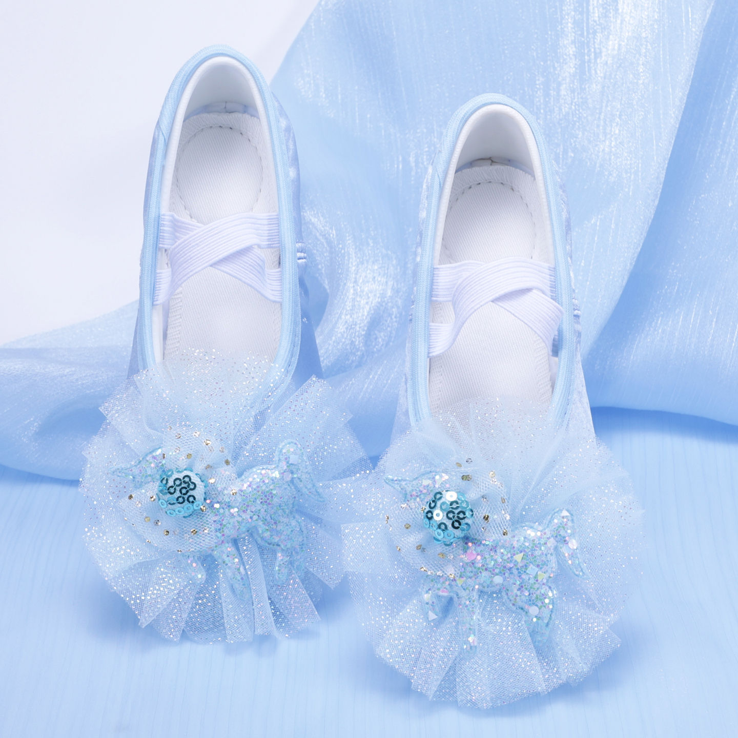 Blaue, bunte Einhorn-Ballettschuhe für Mädchen, Tanzübungen für Kindergartenkinder, Aufführungsschuhe 8040_voghion.com