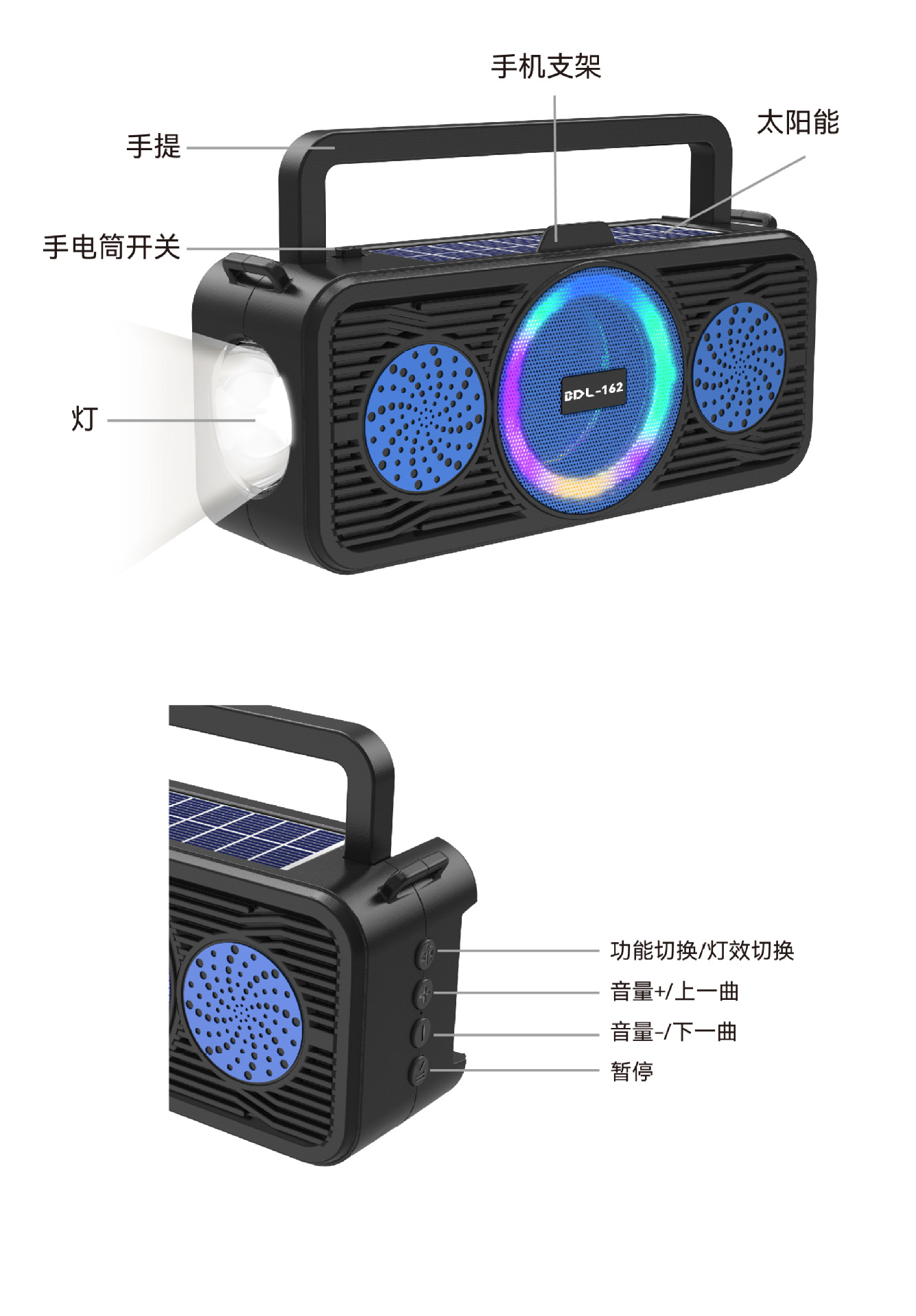 外贸户外音响手提式蓝牙带彩灯小音箱多功能插卡太阳能收音机批发详情6