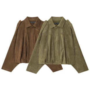 2025 Fall Casual Women's Solid Color Faux Suede Effect Bomber Jacket