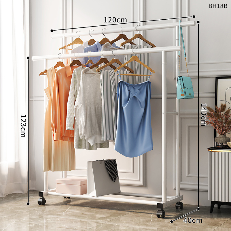 옷 건조대 1.2m 흰색 이중 극 22MM 범용 바퀴