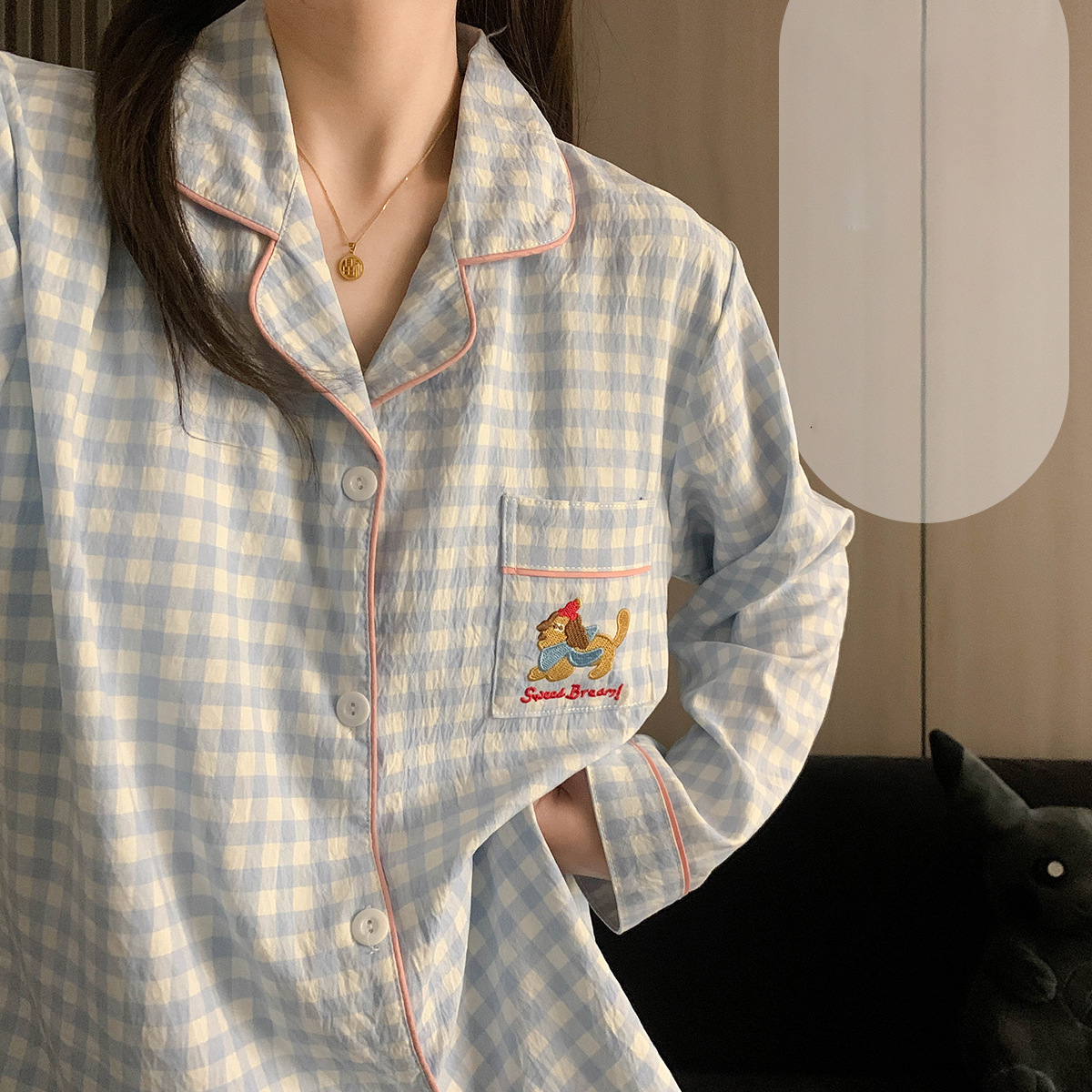 ins韩版格子睡衣女春秋季长袖套装大码新款跨境开衫家居服可外穿