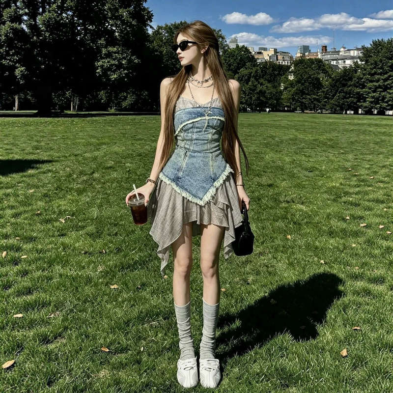 Sweet and Cool Style Denim Patchwork Strap Dress for Petite Women, Summer Irregular Design Short Dress Sweet and Cool Style Denim Patchwork Strap Dress for Petite Women, Summer Irregular Design Short Dress