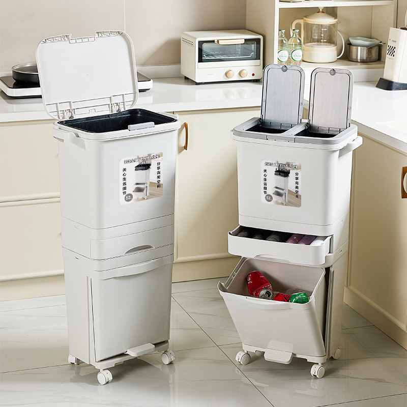 Kitchen trash can for home use, food waste sorting, with lid, large capacity, tall design, double-layer dry and wet separation, foot-operated, large size, Japanese style Kitchen trash can for home use, food waste sorting, with lid, large capacity, tall design, double-layer dry and wet separation, foot-operated, large size, Japanese style