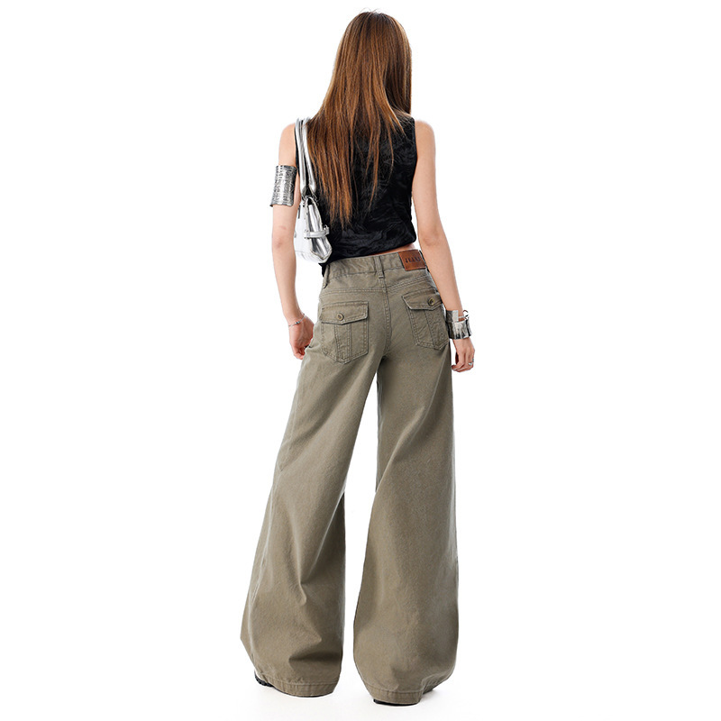 2026 Spring New Style Casual Washed Pearl Canvas Fabric American-Style Low-Waist Slimming Loose Wide-Leg Casual Jeans