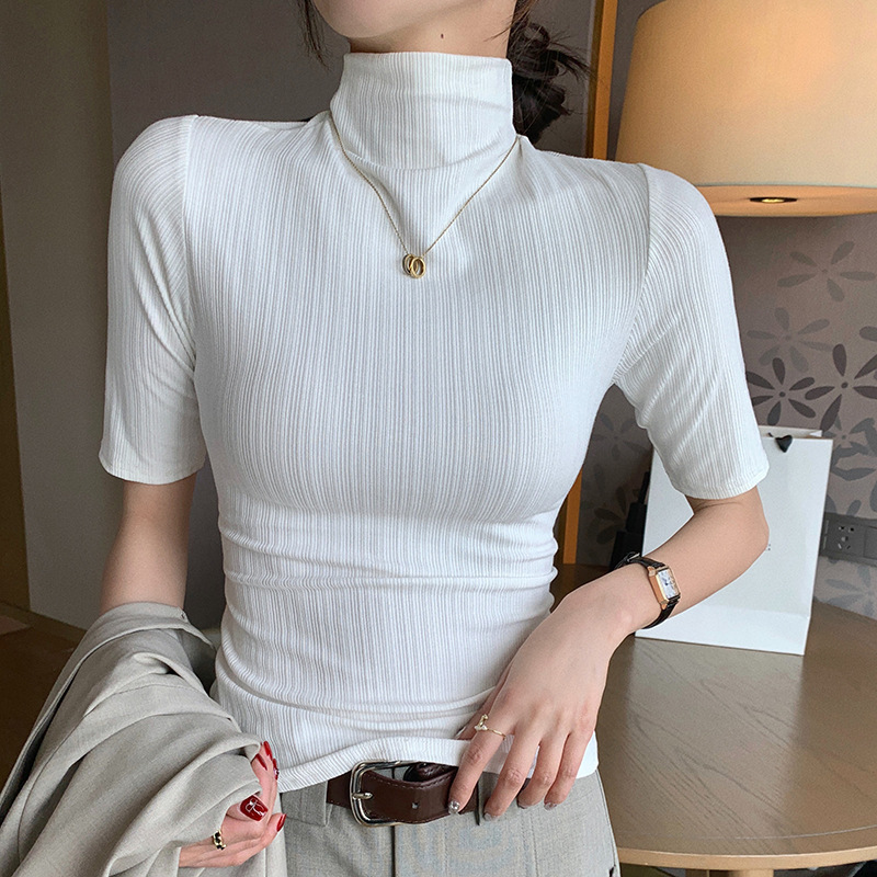 H342 生放送人気半袖 Tシャツ新しい女性のトップスハーフタートルネック五分袖サンシェードボトリングシャツ服女性のための|undefined