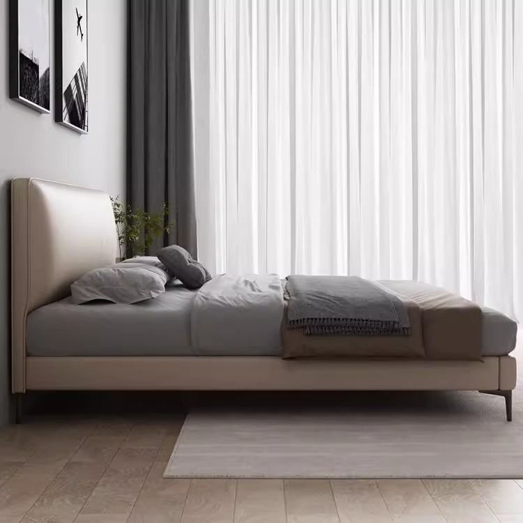 Cama de cuero de piel de vaca de primera capa de estilo italiano, apartamento pequeño moderno y simple, dormitorio de 1,8 metros, cama doble de lujo ligero, red roja image 6