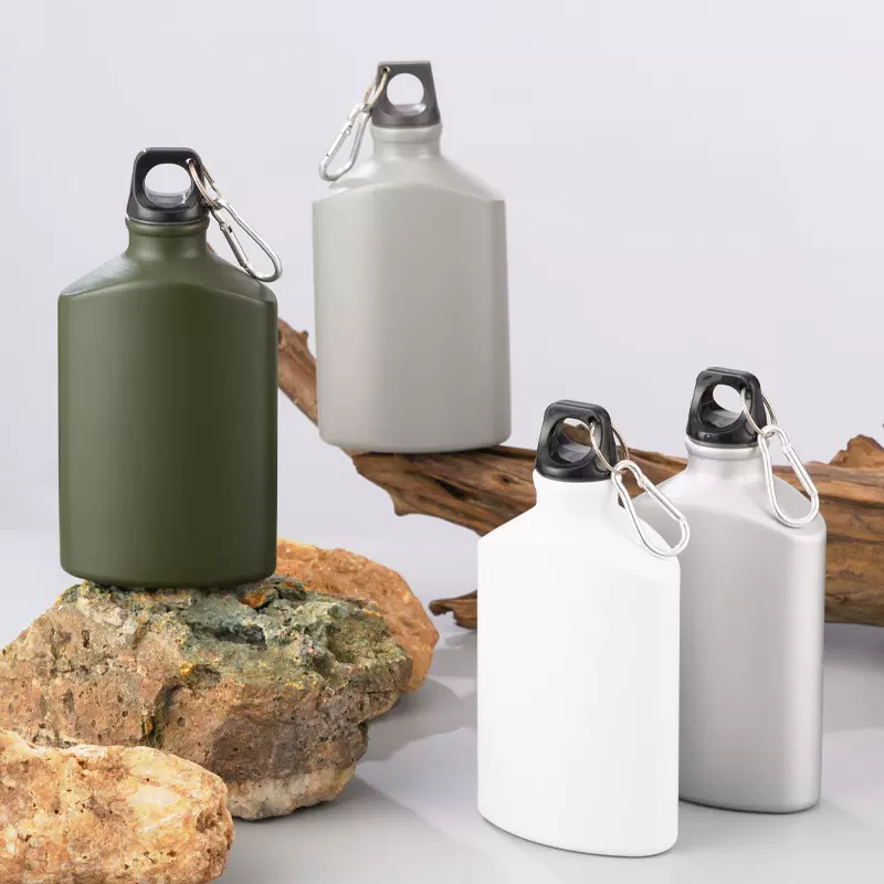 新款跨境高颜值运动水壶单层铝杯扁形异形铝制水壶冷水壶带登山扣