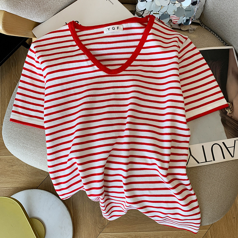 リアルショット既製婦人服夏の新しい韓国スタイル V ネックストライプ半袖 T シャツ西洋スタイルアイスシルクセータートップ女性用|undefined