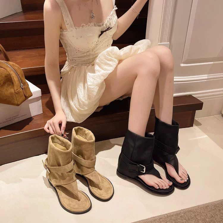 Женские плоские сандалии с открытым носком, лето 2025, новые ретро-сандалии в римском стиле с внутренним утолщением и эффектом стройности, ботинки-трубы.