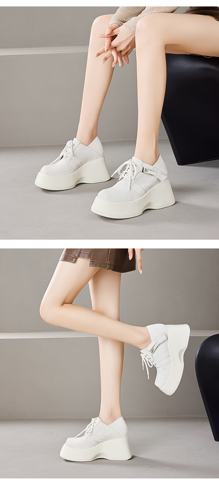 Giày sneaker nữ đế dày 10 cm buộc dây phong cách bệt platform — màu đen chi tiết 3