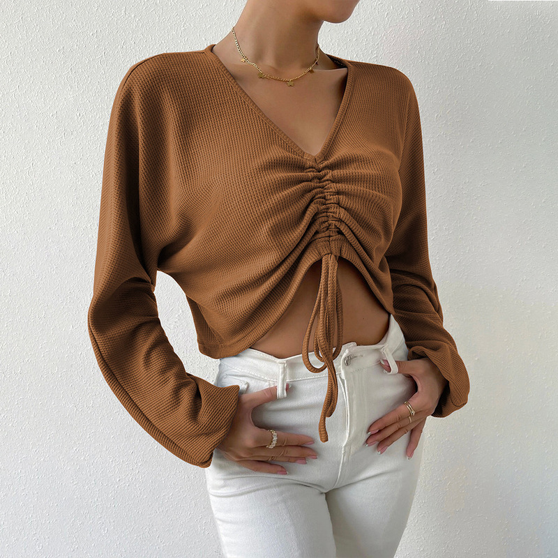 2026 Spring/Summer New European and American Style Loose Casual V-Neck Drawstring Waffle Long Sleeve T-Shirt Crop Top Versatile Top