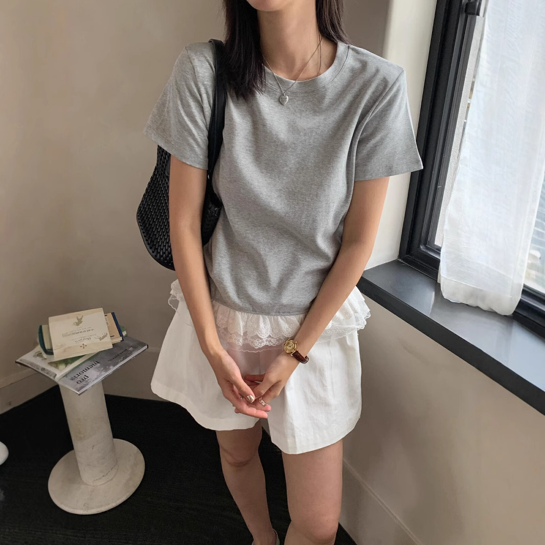 KITTIN estándar coreano! Camiseta de manga corta delgada elástica con costuras de encaje dulce coreano para mujer verano C3230 image 3