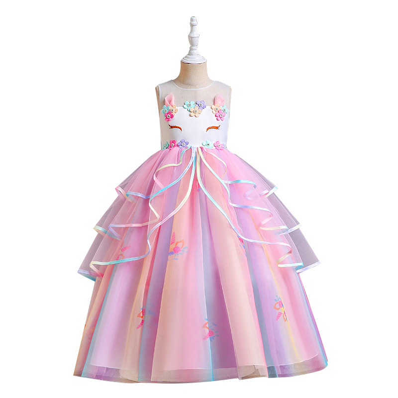 Vestidos para niñas europeas y americanas, vestidos de princesa para niñas, vestidos de tul esponjosos, vestidos de niña de las flores con diseño de unicornio para primer cumpleaños, vestidos infantiles transfronterizos para festivales.