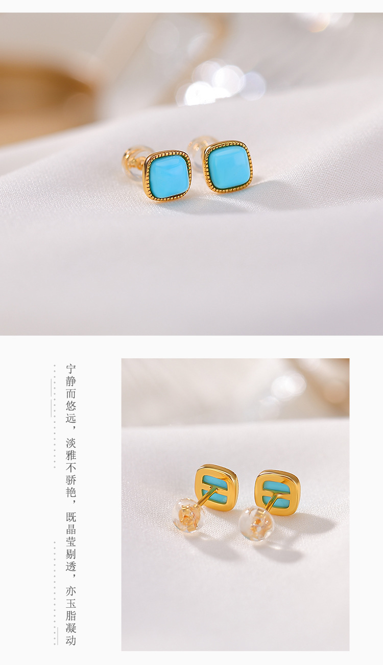 Bông tai bạc S925 mạ vàng đính ngọc lam hình học retro — Mẫu bạc chi tiết 5
