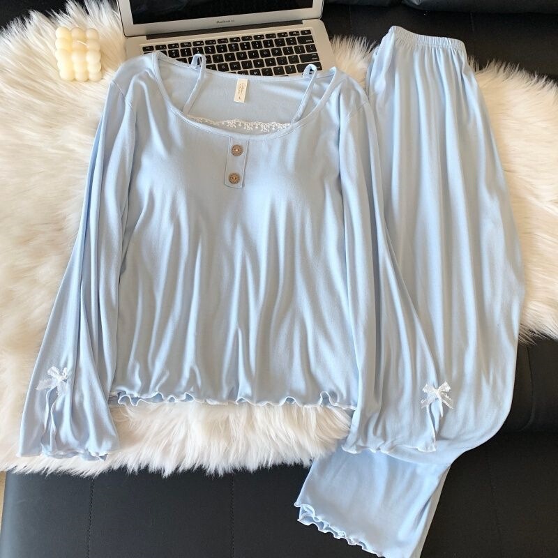 Spring and Autumn Pajamas with Breast Pads for Women, Loose Casual Lace Long-Sleeved Trousers Set, Summer Wearable Home Clothes