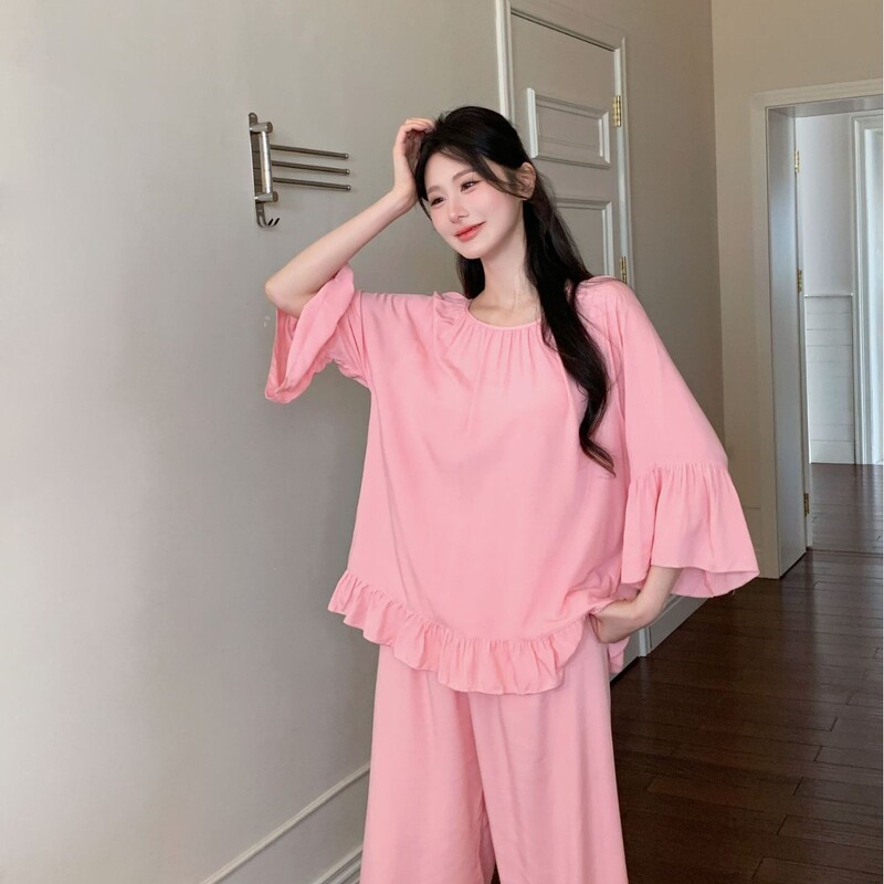 New Simple and Comfortable Women's Summer Pajamas, Slimming Ruffled Mid-Sleeve Long Pants, Viscose Loungewear, Thin Two-Piece Set