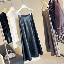 高腰pu皮半身裙女2025秋冬新款赫本风显瘦垂感中长款伞裙A字皮裙